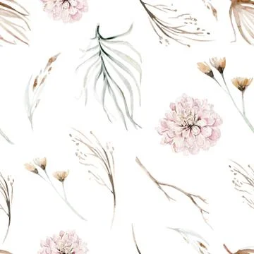 Boho seamless pattern watercolor elements of savanna gold flowers collection Stock Illustration