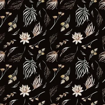 Boho seamless pattern watercolor elements of savanna gold flowers collection Stock Illustration