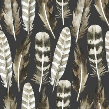 Boho seamless pattern with watercolor painted brown feathers. Original Illustrazione stock