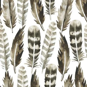 Boho seamless pattern with watercolor painted brown feathers. Original Illustrazione stock