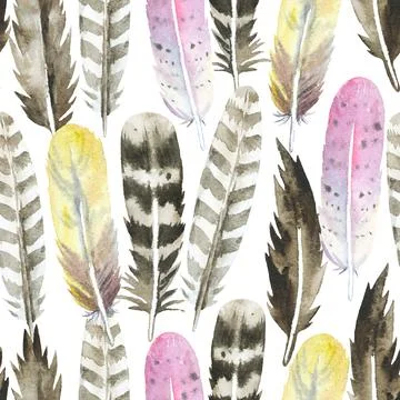 Boho seamless pattern with watercolor painted colorful feathers. Original Stock Illustration