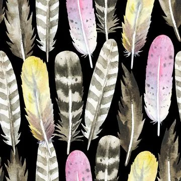 Boho seamless pattern with watercolor painted colorful feathers. Original Illustrazione stock