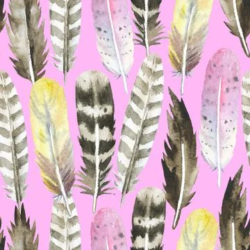 Boho seamless pattern with watercolor painted colorful feathers. Original Stock Illustration