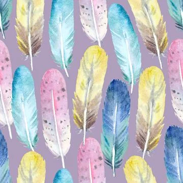 Boho seamless pattern with watercolor painted feathers. Original background for Illustrazione stock