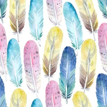 Boho seamless pattern with watercolor painted feathers. Original background for Illustrazione stock