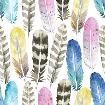 Boho seamless pattern with watercolor painted colorful feathers. Original Illustrazione stock