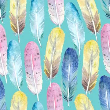 Boho seamless pattern with watercolor painted feathers. Original background for Illustrazione stock