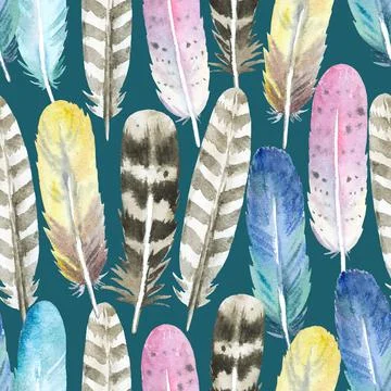 Boho seamless pattern with watercolor painted colorful feathers. Original 스톡 일러스트