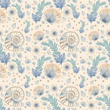 Boho Seashell and Seaweed Seamless Pattern 스톡 일러스트