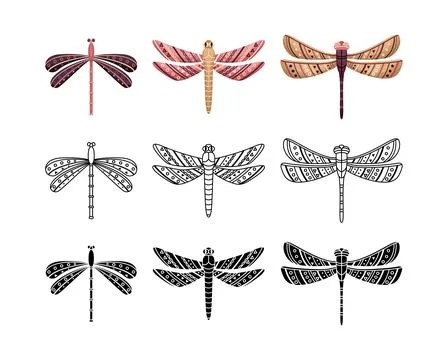 Boho set of dragonflies with geometrical patterns. Outline, flat and simple s Stock Illustration