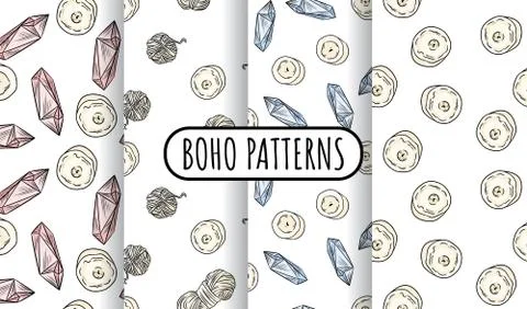 Boho set of seamless patterns. Candles, quartz crystals, yarn threads wallpap Stock Illustration