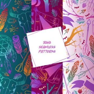 Boho set of seamless patterns vector illustration. Dream catcher amulet, scull Illustrazione stock