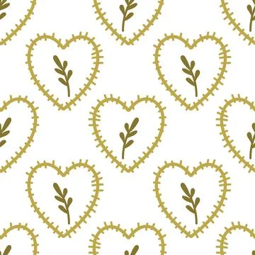 Boho stitched hearts with olive branches seamless vector pattern Stock Illustration
