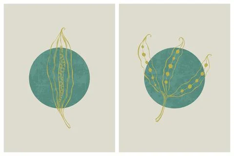Boho style abstract background minimalism, seed boxes round old shabby backdrop Illustrazione stock