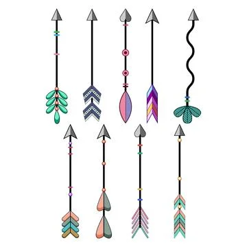 Boho style arrow collection with decorative fletching and beads Illustrazione stock