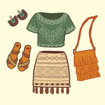 Boho style clothes vector illustration. Bohemian fashion look for woman Ilustración de archivo