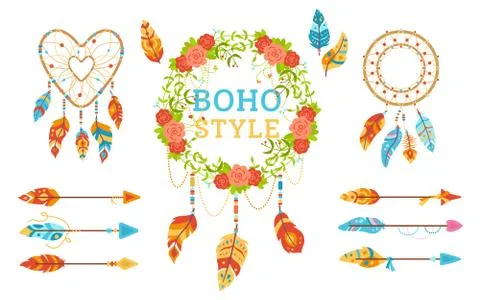 Boho style design elements set floral wreath arrow Illustrazione stock