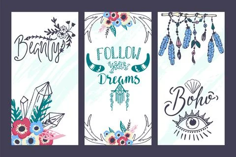 Boho style flyer, vector illustration. Vintage postcard design, romantic pattern Illustrazione stock