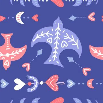 Boho style Flying swallow seamless pattern with heart and moon phases. Vector Stock Illustration