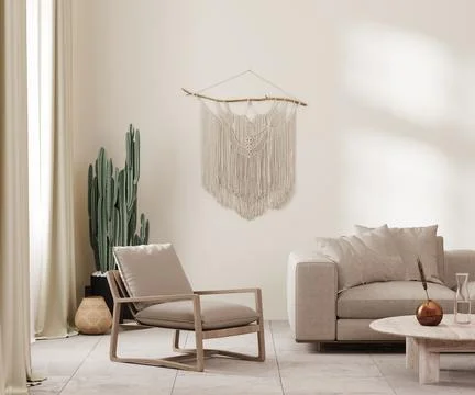 Boho style interior in earth tones, beige wall, armchair and sofa, decor and  Illustrazione stock