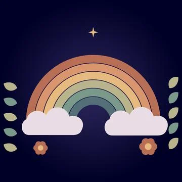 Boho style rainbow with earthy tones star and leaves on dark background ill.. Иллюстрация