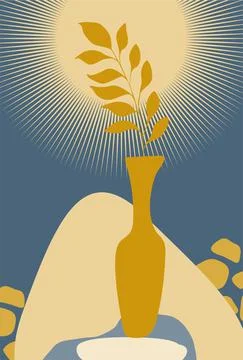 Boho style sun plants vase poster vector Stock Illustration