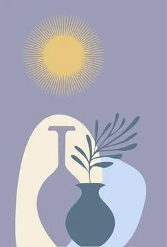 Boho style sun plants vase poster vector Stock Illustration
