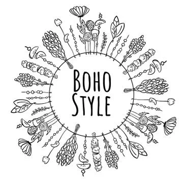 Boho style wreath frame black and white ornament Stock Illustration