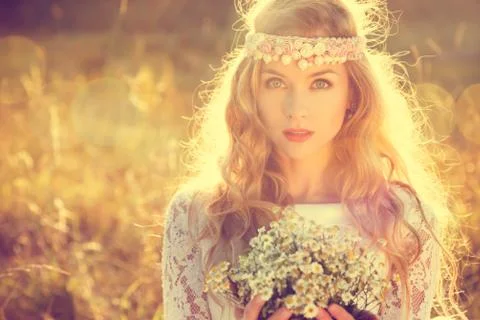 Boho Styled Bride on Nature Background Stock Photos