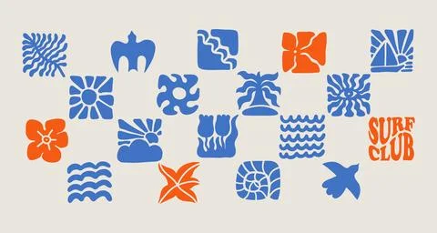 Boho Summer Beach square elements Set. Groovy Geometric Sun, Seashells, Bird Stock Illustration