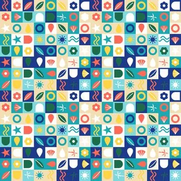 Boho summer blocks seamless pattern, sun wave leaf shell, cool 库存插图