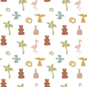 Boho summer elements pattern with flamingos and palm trees for artistic design Illustrazione stock