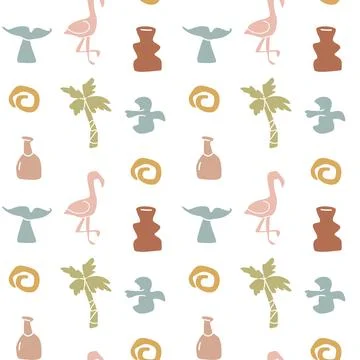 Boho summer elements pattern with flamingos, palms, and vases for creative Illustrazione stock