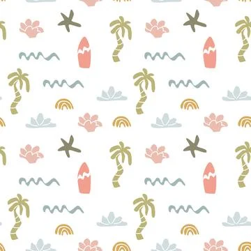 Boho summer elements pattern with palm trees, surfboards, and waves for design Stock Illustration