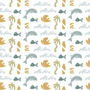 Boho summer elements pattern with tropical fish, waves, and palm trees for Stock Illustration