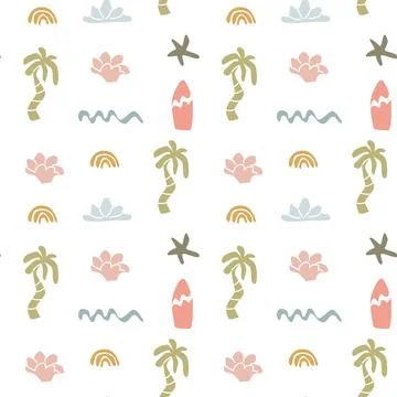 Boho summer pattern with palm trees, surfboards, and waves for creative desig Stock Illustration
