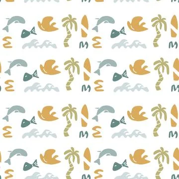 Boho summer pattern with palm trees and beach elements for creative design Illustrazione stock