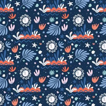 Boho Summer seamless pattern on navy backdrop. Stock Illustration