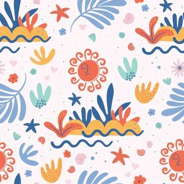 Boho Summer seamless pattern. Tropical island sunset aesthetic. Stock Illustration