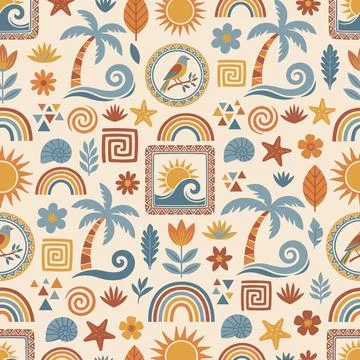Boho Summer Seamless Pattern with Tropical Elements and Folk Art Motifs. 스톡 일러스트