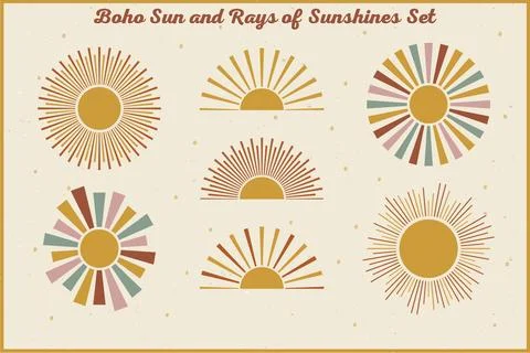 Boho Sun and Rays of Sunshines Set 2023 Stock Illustration