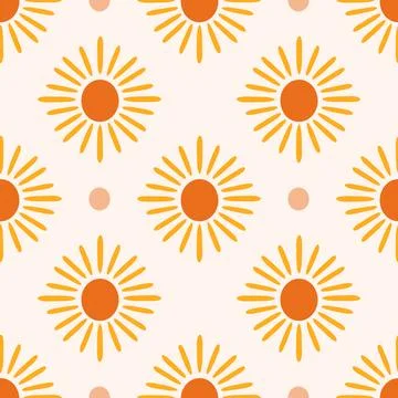 Boho sun vector seamless pattern. Modern simple orange sun shapes and dots on 스톡 일러스트
