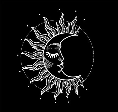 Boho symbol of the moon with rays, white hand drawing on a black background Stock Illustration