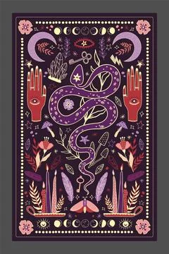 Boho tarot cover. Vertical banner or poster. Print magical design. Snake and Stock Illustration