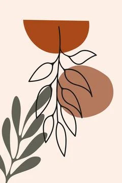 Boho Terracotta Botanical Leaf Illustration with Abstract Geometric Shapes Stock Illustration