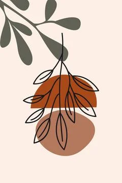 Boho Terracotta Leaf Illustration with Dark Green Organic Abstract Shapes Stock Illustration