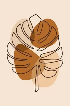 Boho Terracotta Monstera Leaf Illustration with Abstract Organic Shapes Stock Illustration