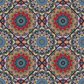 Boho tile flower squares blue orange Illustrazione stock