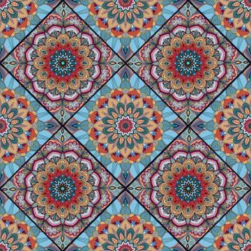 Boho tile flower squares blue red Stock Illustration