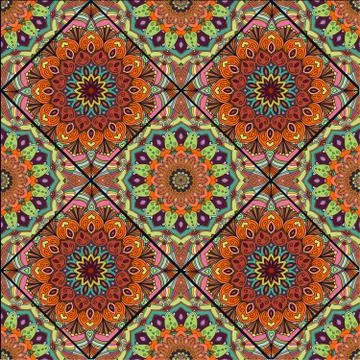 Boho tile flower squares brown green Stock Illustration